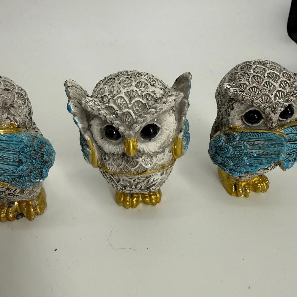 See, Hear & Speak No Evil Owl Set Figurine Statue Silver Gold‎ Blue 2.5